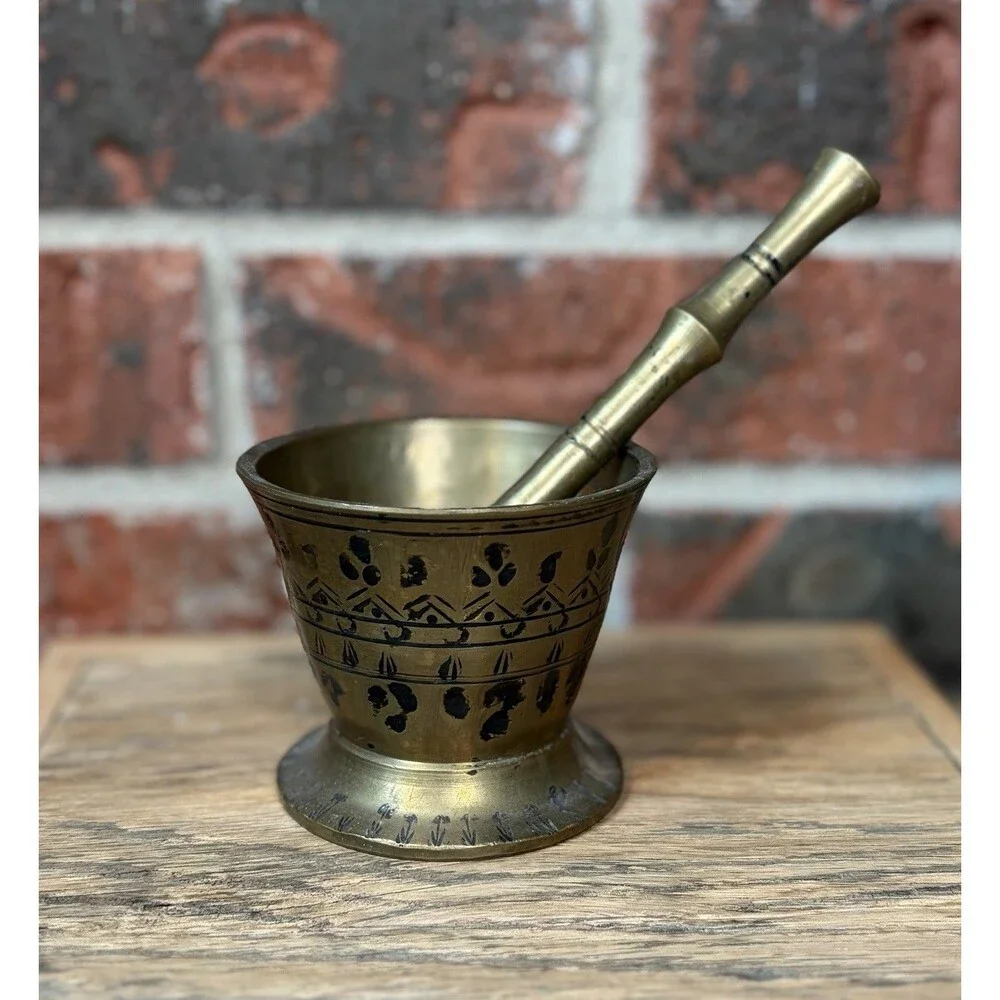Vintage Brass Mortar & Pestle Set Hand Decorated Geometric Design